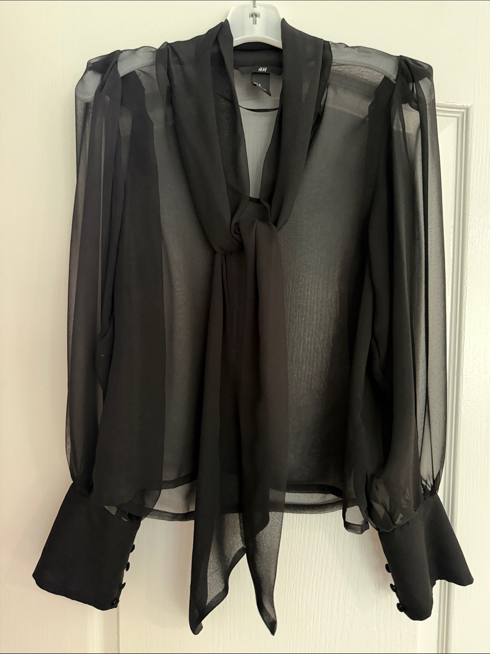 H&M Black Sheer Tie-Neck Blouse with Statement Cuffs
